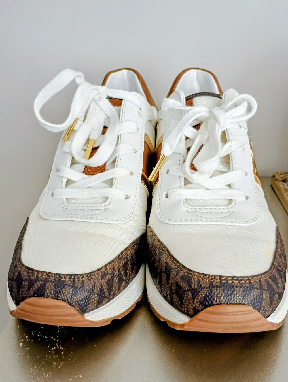 Michael Kors White, Brown and Gold Lace-Up Platform Sneakers - Picture 3 of 5